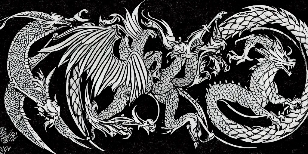 Image similar to A simple yet detailed illustration in the style of a tattoo, depicting a plated knight, holding a lance, facing the horizon where there is a three headed game of thrones western dragon with large wings, 4k