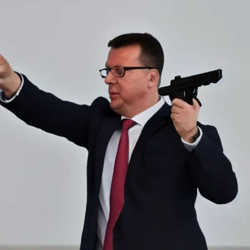 Image similar to image of aleksandar vucic using a gun