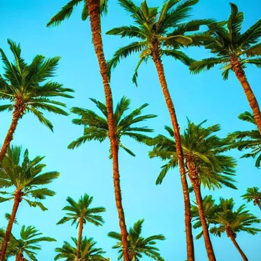 Image similar to surreal palm trees floating floating floating in blue sky, random positions floating, flying