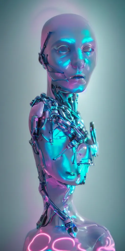 Image similar to high quality photo of rococo cyborg woman with pearlescent blue skin key sage wayne barlowe very soft pink neon lighting on one side wide angle 35mm shallow depth of field 8k