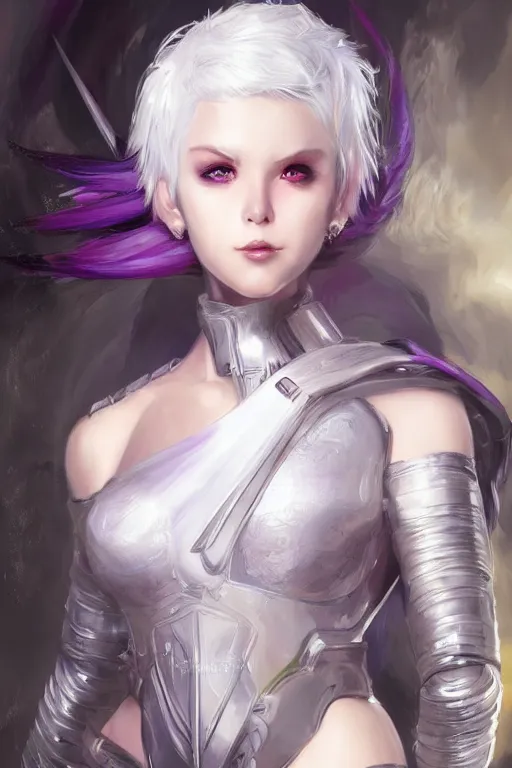 Image similar to A realistic anime portrait of a short white haired female rogue wearing an intricate medium armor, middle eastern, purple eyes, digital painting, by Stanley Artgerm Lau, Sakimichan, WLOP and Rossdraws, digtial painting, trending on ArtStation, SFW version