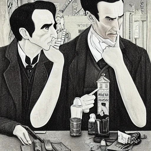 Image similar to American Gothics by Grant Wood but with Sherlock Holmes and Watson instead of the usual characters