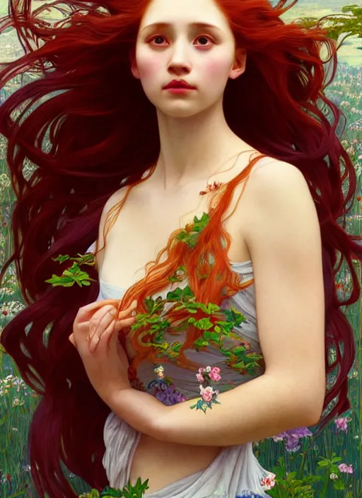 Image similar to pretty young woman resembling alicia vikander with long red hair, half body shot, path traced, highly detailed, high quality, digital painting, by studio ghibli and alphonse mucha, leesha hannigan, hidari, art nouveau, chiho aoshima, jules bastien - lepage