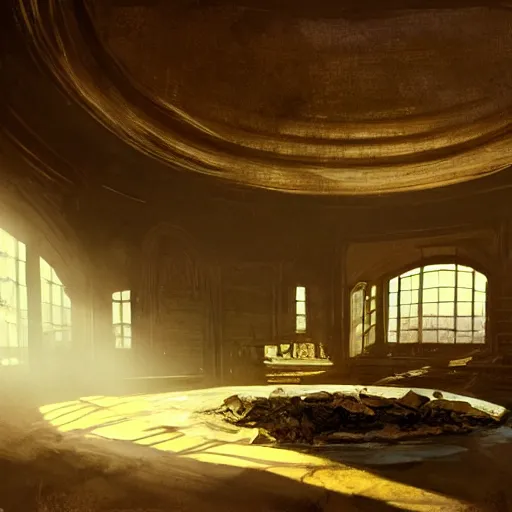 Prompt: a concept art of a round room with super high ceiling. a round hole in the middle of the ceiling that lets the sunrays go through. a pile of dirt, garbage and shit in the bottom. volumetric lighting. rutowsky, craig mullins.