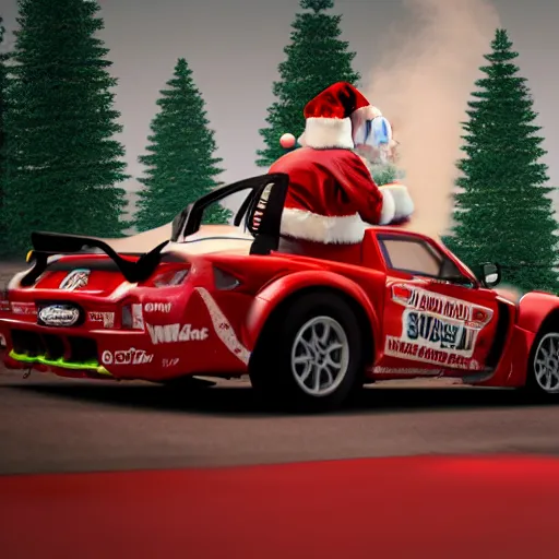Prompt: Santa Clause driving a rally car he is going fast there is smoke coming from the tires, octane render, realistic lighting, realistic shadows, highly reflective, photo realistic, hyper realistic