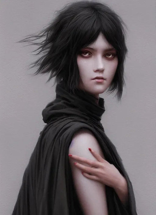 Image similar to a teenage girl with very short black hair and a huge cloak made of grey and black feathers. beautiful highly detailed face. beautiful painting by artgerm and greg rutkowski and raymond swanland