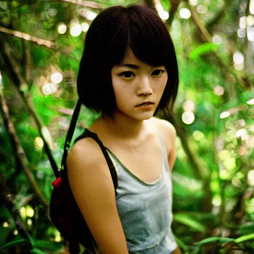 Prompt: japanese version of emma watson, walking through vietnam jungle, portrait, close up, award winning, kodak ektachrome expired blue tint,