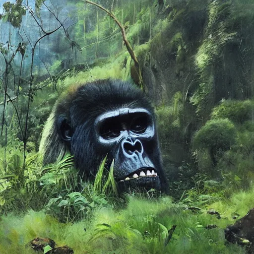 Image similar to giant gorilla skull embedded in a mountainside, lush green landscape, jungle setting, painted by jeremy mann