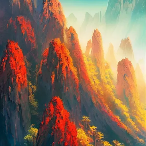 Image similar to tianzi shan mountain peak, by anato finnstark, by alena aenami, by john harris, by ross tran, by wlop, by andreas rocha