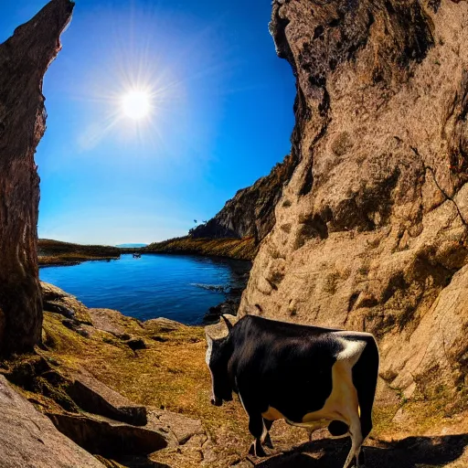 Image similar to a photo of a cow standing on black rocks, fisheye lens