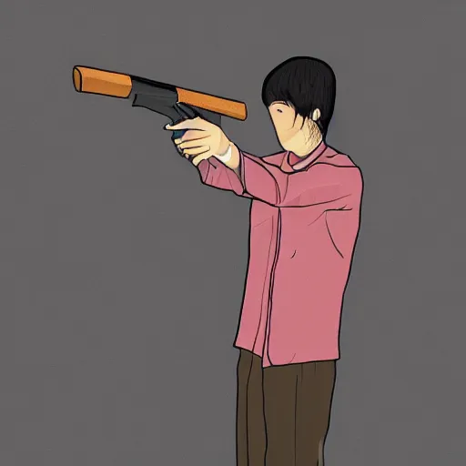 Prompt: A very arrogant Asian man let a man point a shotgun at himself.digital art.