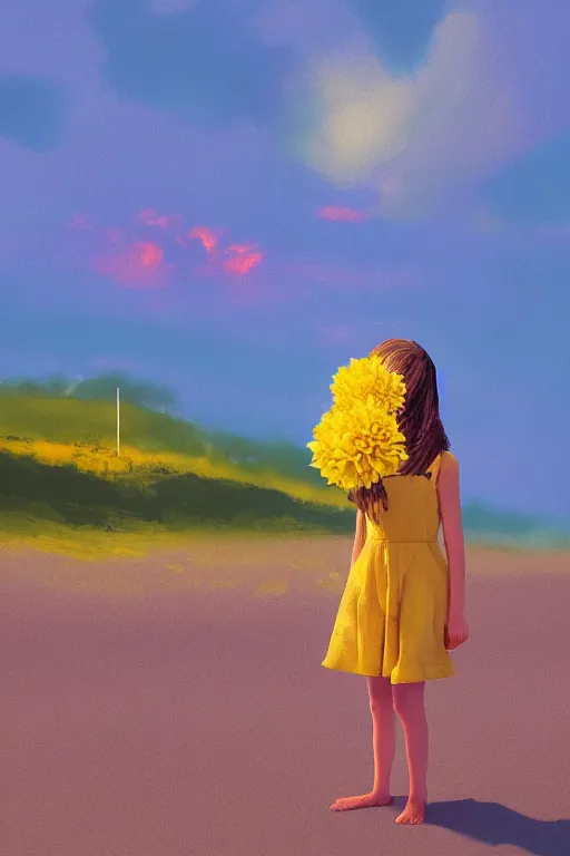 Image similar to closeup girl with huge yellow dahlia flower as a face, on beach, surreal photography, blue sky, sunrise, dramatic light, impressionist painting, digital painting, artstation, simon stalenhag