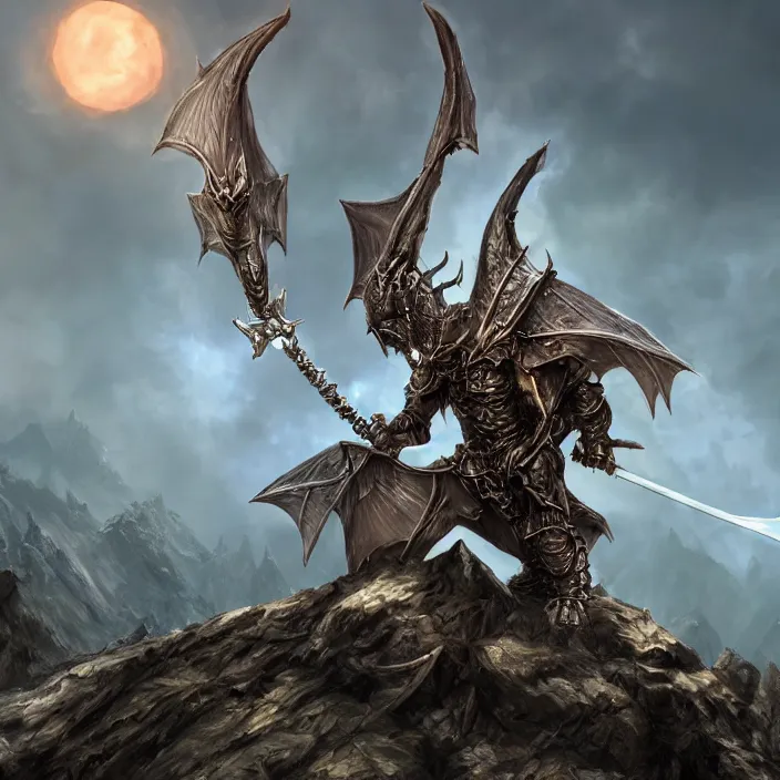 Image similar to photorealistic concept fantasy art of a dragon warlock, in a suit of dragon chain armor, raising his sword on a hill, dynamic lighting, sun ray, ray tracing, hyper realism