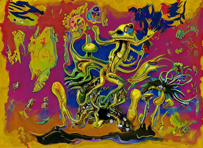 Image similar to expressionistic decollage painting golden armor alien zombie horseman riding on a crystal bone dragon broken rainbow diamond maggot horse in a blossoming meadow full of colorful mushrooms and golden foil toad blobs in a golden sunset, distant forest horizon, painted by Mark Rothko, Helen Frankenthaler, Danny Fox and Hilma af Klint, graffiti buff, pixel, glitch, semiabstract, color field painting, byzantine art, microsoft paint art, pop art look, naive, outsider art, very coherent symmetrical artwork. Bekinski painting, part by Philip Guston and Adrian Ghenie, art by George Condo, 8k, extreme detail, intricate detail, masterpiece