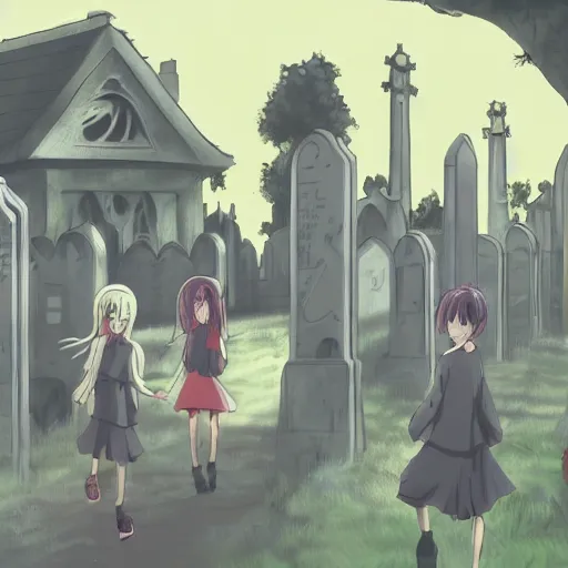 Image similar to anime hd, anime, 2 0 1 9 anime, ghost children, children born as ghosts, dancing ghosts, london cemetery, albion, london architecture, buildings, gloomy lighting, moon in the sky, gravestones, creepy smiles