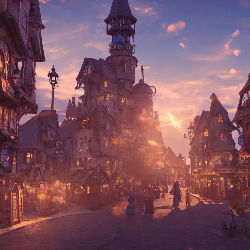 Prompt: photorealistic steampunk town. witchy village. sunset. witches flying on brooms. potion shop. pastel clouds. cauldron. lens flare. 8K. detailed. photorealism. artstation. 25mm f/1.7 ASPH Lens. ultra realistic