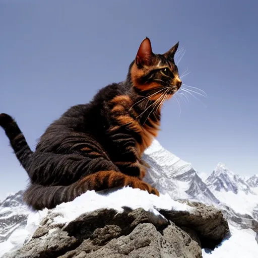 Image similar to a tortoiseshell cat climbing mount everest, nature photography