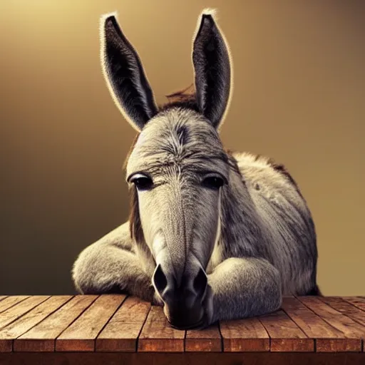 Image similar to a donkey on a table, 4 k, very realistic, photorealistic, very detailed, volumetric lighting