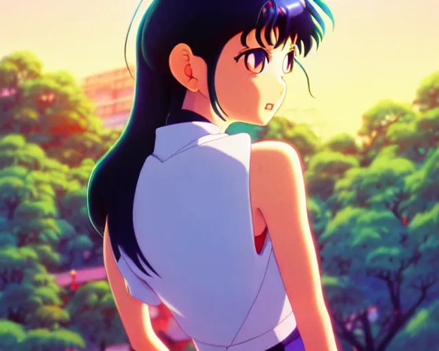 Prompt: Rei Hino from Sailor Moon, park in background, bokeh. anime masterpiece by Studio Ghibli. illustration, sharp high-quality anime illustration in style of Ghibli, Ilya Kuvshinov, Artgerm