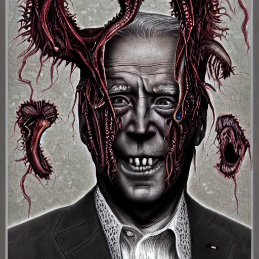 Image similar to biden became bloody ugly lovecraftian degenerate abomination, photo - realistic, color image, 2 k, highly detailed, bodyhorror, occult art, by giger