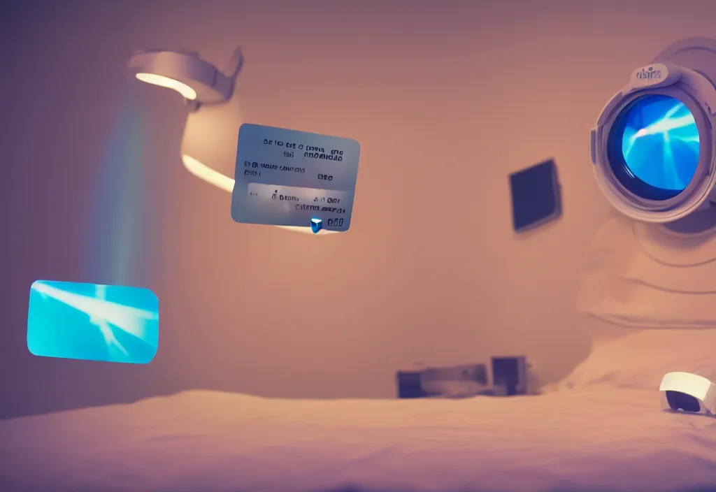 Image similar to 3 d dreams popping out of curved movie screen, volumetric lighting, bedroom, visor, sleeping, pair of keycards on table, bokeh, creterion collection, shot on 7 0 mm, instax