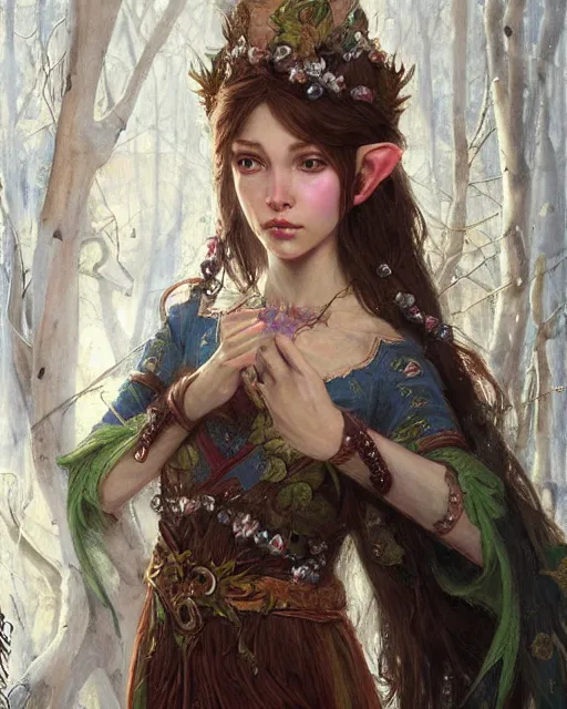 Image similar to a beautiful elf princess, oil painting, by Fernanda Suarez and and Edgar Maxence
