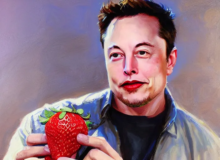 Image similar to a highly detailed beautiful portrait of elon musk with a strawberry, by gregory manchess, james gurney, james jean