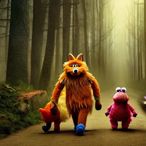 Image similar to a large fox muppet wearing a hooded cloak herding a bunch of random muppet animals following behind through a dark forest, sesame street, photograph, photography, ultrarealistic, national geographic