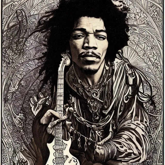 Prompt: artwork by Franklin Booth and Alphonse Mucha and Edmund Dulac showing a portrait of Jimi Hendrix as a futuristic space shaman, futuristic electric guitar