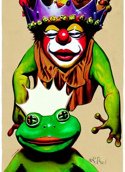 Image similar to Clown Frog King, the movie, poster art by Frank Frazetta, Clown frog king pepe reigns over the battlefield, rainbow wig and clown nose