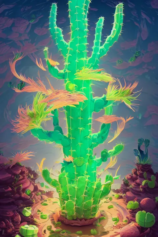 Image similar to roots cactus sushi cristal smurf ghost creature animal sushi cristal very big eye roots cactus elemental flush of force nature micro world fluo fishscale, behance hd by jesper ejsing, by rhads, makoto shinkai and lois van baarle, ilya kuvshinov, rossdraws radiating a glowing aura global illumination ray tracing hdr