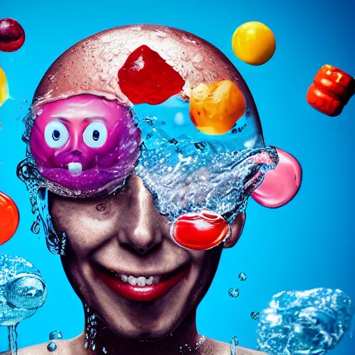 Prompt: a funny sculpture of a squashed human head wrapped in funny stuff and sweets on ocean water, funny face, brain, giant bubbles, juicy jelly, realistic water splashes, water art, vibrant, in the style of mike campau, cg render, ray tracing, 8 k resolution, sharp