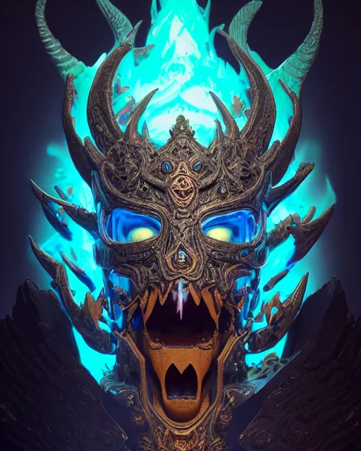 Prompt: 3 d ornate carved lich king with tattoos profile portrait, sigma 5 0 0 mm f / 5. beautiful intricate highly detailed quetzalcoatl skull. bioluminescent, plasma, lava, ice, water, wind, creature, thunderstorm! artwork by tooth wu and wlop and beeple and greg rutkowski, 8 k trending on artstation