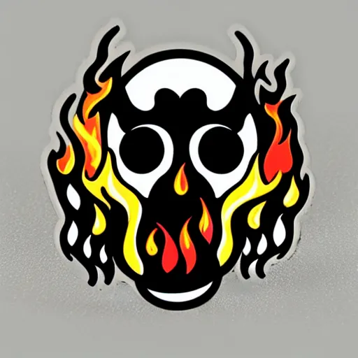 Prompt: a retro minimalistic laughing joyful skull with fire flame enamel pin, concept art