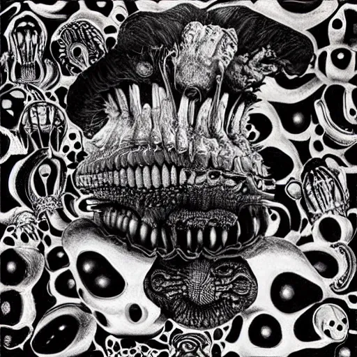 Image similar to black, white, orange album cover, aliens, psychedelic, giuseppe arcimboldo