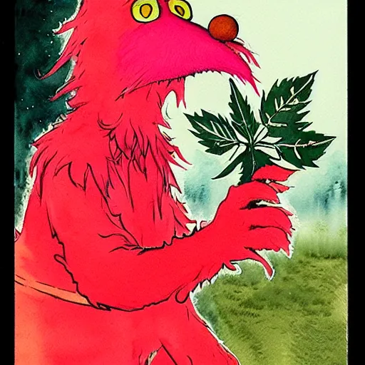 Image similar to a realistic and atmospheric watercolour fantasy character concept art portrait of elmo with pink eyes smoking a huge blunt looking at the camera with a pot leaf nearby by rebecca guay, michael kaluta, charles vess and jean moebius giraud