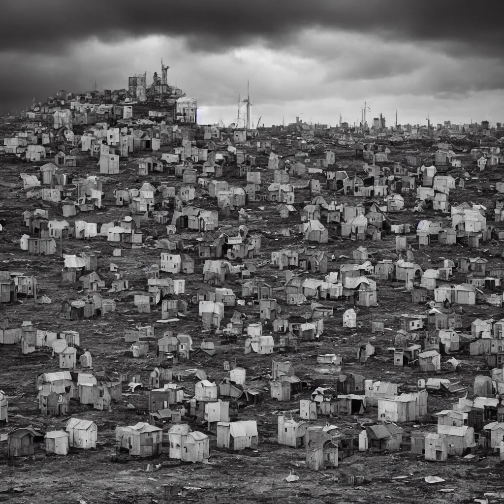 Image similar to towers made up of colourful makeshift squatter shacks, bleached colours, moody cloudy sky, dystopia, mamiya, very detailed, photographed by ansel adams