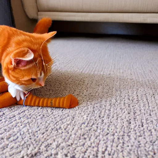 Image similar to orange tabby cat sneakily stealing a sock, tabby cat sock heist, thief