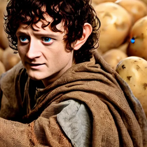 Image similar to frodo from lord of the rings in a burlap sack of potatoes, and the sack has many potatoes in it, photography, realistic, mid shot, in his hobbit home, cinematic lighting