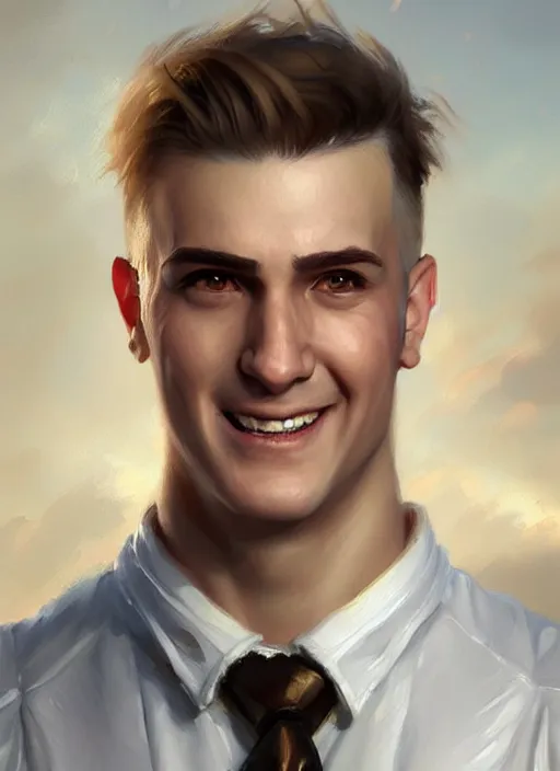 Image similar to a _ fantasy _ style _ portrait _ painting _ of white male short fringe light brown hair short face grinning clean shaven short head, rpg dnd oil _ painting _ unreal _ 5 _ daz. _ rpg _ portrait _ extremely _ detailed _ artgerm _ greg _ rutkowski _ greg