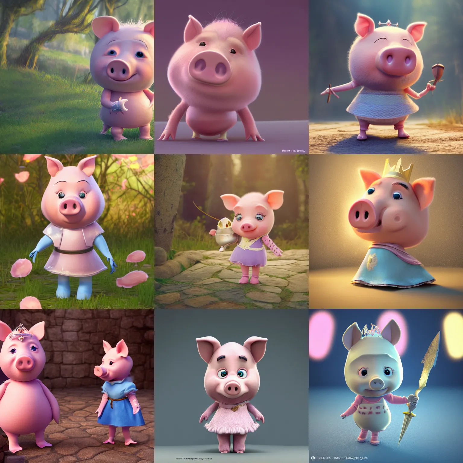 Prompt: very cute and adorable little anthropomorphic piggy knight princess, piglet, cartoon , fantasy forest, pale blue armor, cute and adorable, pretty, Dysney, Pixar style, photorealistic, 3d render, octane render, HDR, 8k, unreal engine, highly detailed, DeviantArt Artstation, by Mickael Lelièvre, cinematic lighting