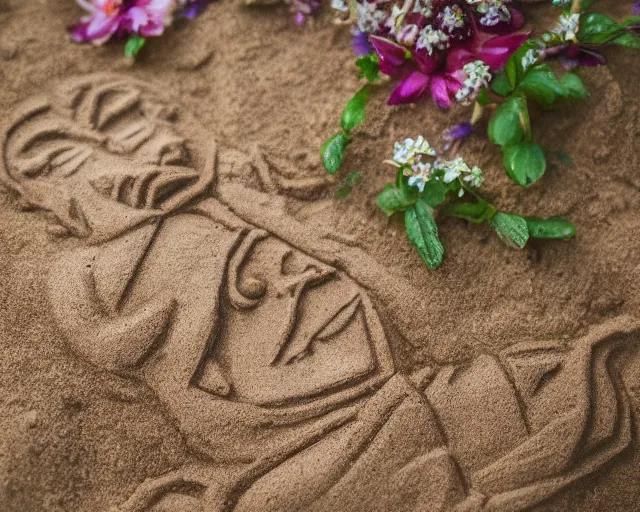 Prompt: 8 5 mm food photography of kratos made of sand near a garden with dof and bokeh and flowers o