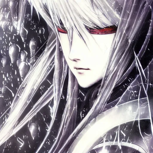 Image similar to Yoshitaka Amano blurred and dreamy illustration of an anime girl with a pirate eye patch, wavy white hair and cracks on her face wearing elden ring armour with the cape fluttering in the wind, abstract black and white patterns on the background, noisy film grain effect, highly detailed, Renaissance oil painting, weird portrait angle