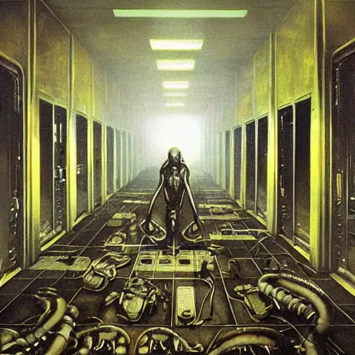 Image similar to black glossy xenomorph, alien movie, endless abandoned office cubicles, pale yellow wallpaper, moist brown carpet, dim fluorescent lighting, artstation, ultra detailed, creepy, dramatic lighting, photorealistic, art by h. r. giger and chris foss and beksinski