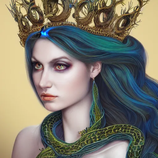 Prompt: detailed portrait of the queen of snakes, realism, pale blue, emerald, sapphire, wearing a crown of vines, nest of vipers, dark fantasy, dim moonlight, dramatic lighting, cgsociety, artstation