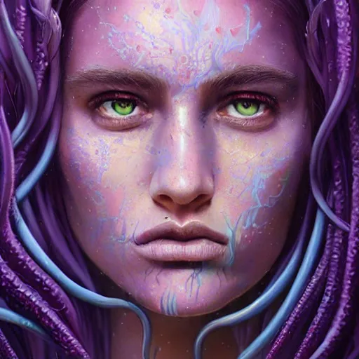 Prompt: detailed art portrait of a furious teen girl with thin, hair-like purple tentacles on her head and bright purple eyes, 8k,by tristan eaton, Stanley Artgermm,Tom Bagshaw,Greg Rutkowski,Carne Griffiths,trending on DeviantArt, face enhance,hyper detailed ,full of colour