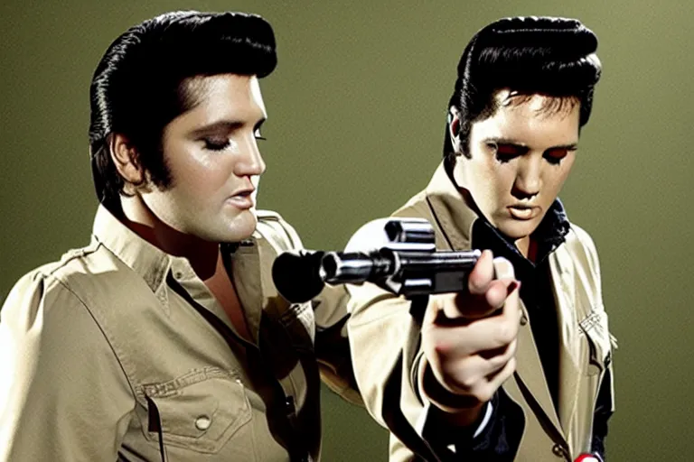 Image similar to film still with a full body shot of Elvis Presley turned into a horrific zombie, from the TV-series The Walking Dead (2010), promotional image, gory and very graphic