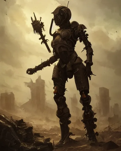 Image similar to hyper realistic photo of postapocalyptic medieval paladin cyborg armored girl, full body, cinematic, artstation, cgsociety, greg rutkowski, james gurney, mignola, craig mullins, brom