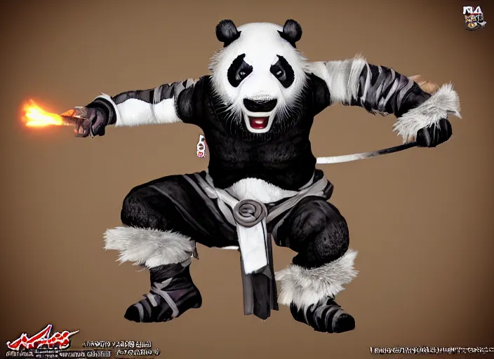 Image similar to extremely scary angry tough rough looking ninja panda. japanese ninja warrior character, scary, gruffness, interesting 3 d character concept by square enix, in the style of league of legends, hyper detailed, cinematic, final fantasy, character concept, ray tracing, fur details, maya, c 4 d, artstation