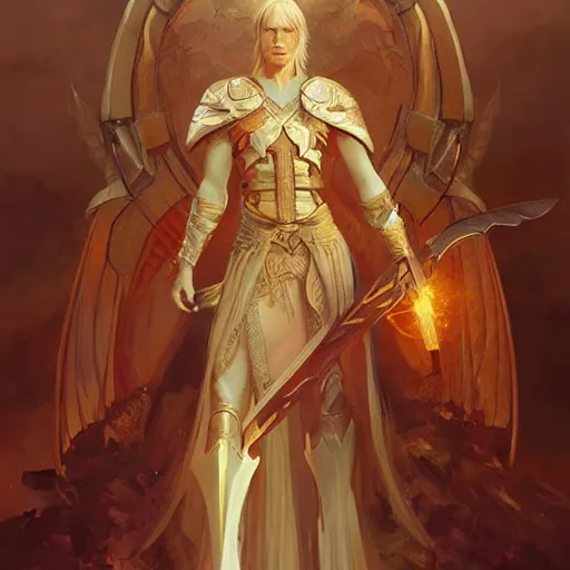 Image similar to portrait of a floating winged aasimar paladin blond young man with amber eyes strong, sofisticated, fantasy, highly detailed, digital painting, artstation, concept art, character art, art by greg rutkowski and tyler jacobson and alphonse mucha